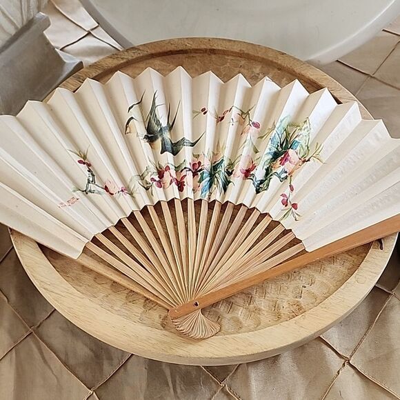 Vintage Paper Chinese and Wood Bird and Floral Fan Romantic Feminine Coquette - Picture 1 of 16